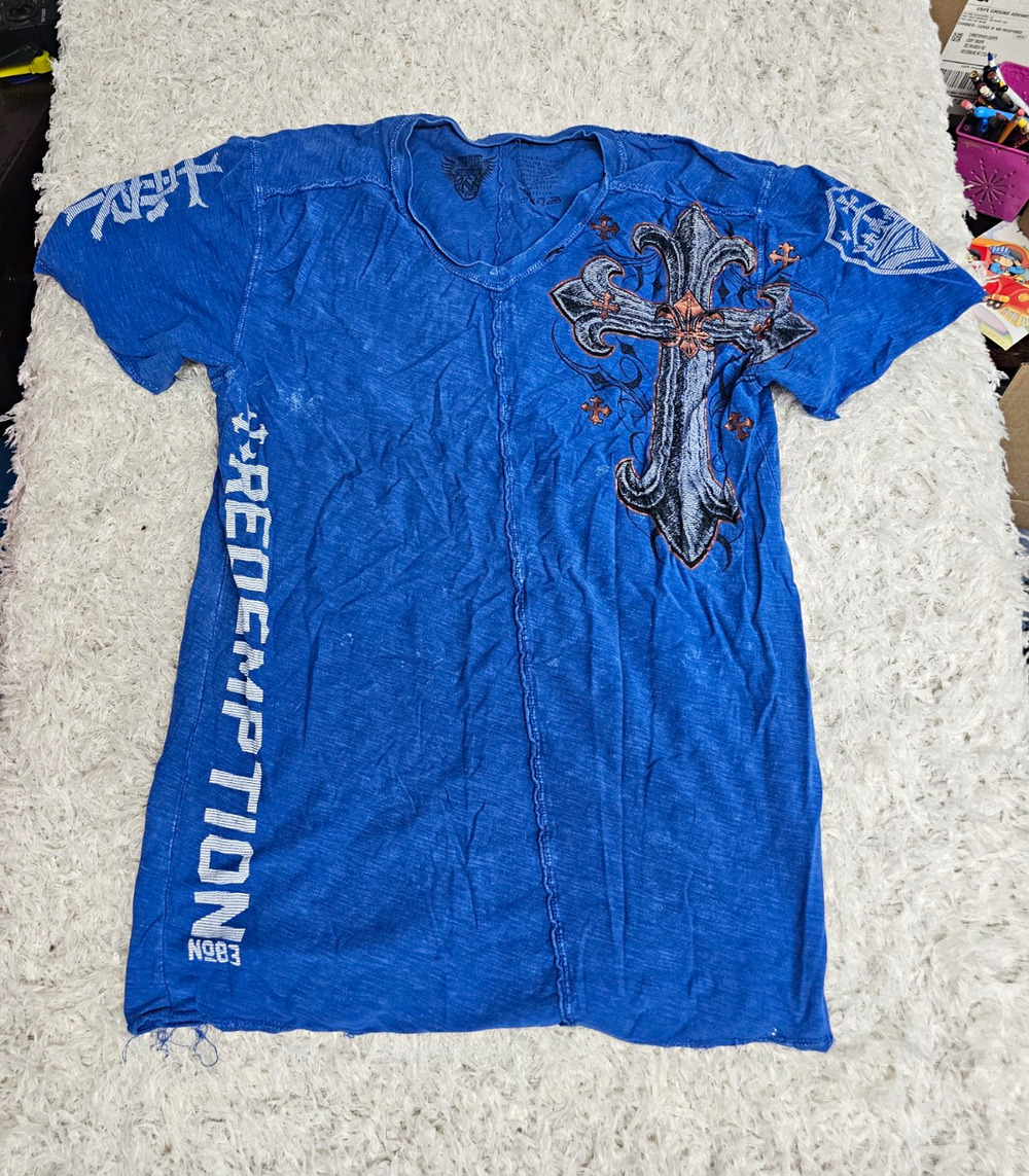 Affliction Style Shirt Mens M Blue Cross Graphic Tee Y2K Cyber Grunge Raw State
